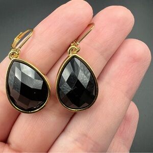 Joan Rivers Signed Drop Dangle Earrings Gold Tone Black Chrystal Rhinestone 1.5”